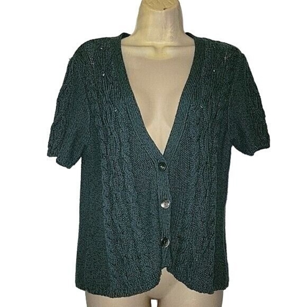 J JILL Cable Knit Cardigan Short Sleeve Button Up Knitwear Top Sweater luxury SP